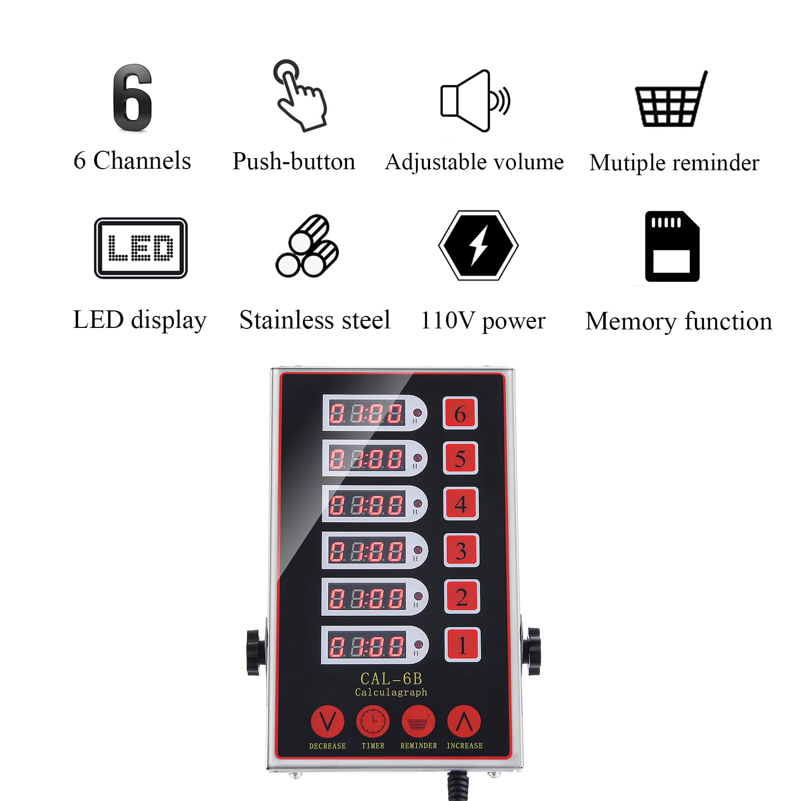 S2SQURE 6-Channel Professional Kitchen Timer Commercial Timers for Restaurant Food Cooking Fryer Bakery Food Truck Stainless Steel Loud Alarm LED