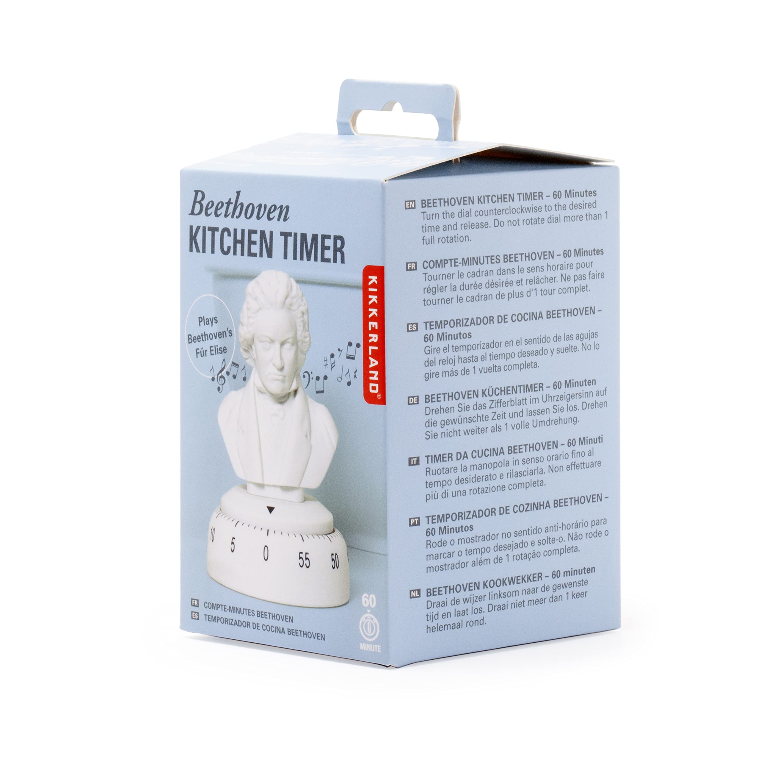 Kikkerland Beethoven 60 Minute Kitchen Timer, Mechanical Kitchen Timer, Wind up Timer for Cooking, Reading and Sports, Plays Fur Elise, White