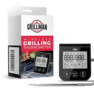 grillman digital meat thermometer with leave-in stainless steel probe and timer for grills, smokers and kitchen ovens - preset for beef, pork, poultry and fish or set cooking times and target temps