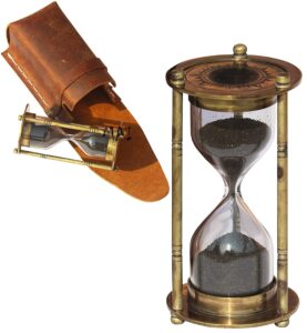 antique sand timer 1 minute duration decorative nautical vintage style brass hourglass safety leather case clock unique hour glass sandglass for office desk home kitchen by marine international