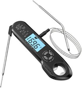 digital meat thermometer, dual probe, instant read, large backlit display, thermometer for cooking in the kitchen or grilling on the bbq, with magnet and bottle opener