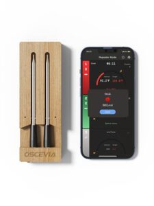smart meat thermometer, oscevia 2-probe food thermometer with smart alert, 262ft wireless range, ip67 waterproof, magnetic design for bbq, kitchen, air fryer, garden, oven, grill, rotisserie