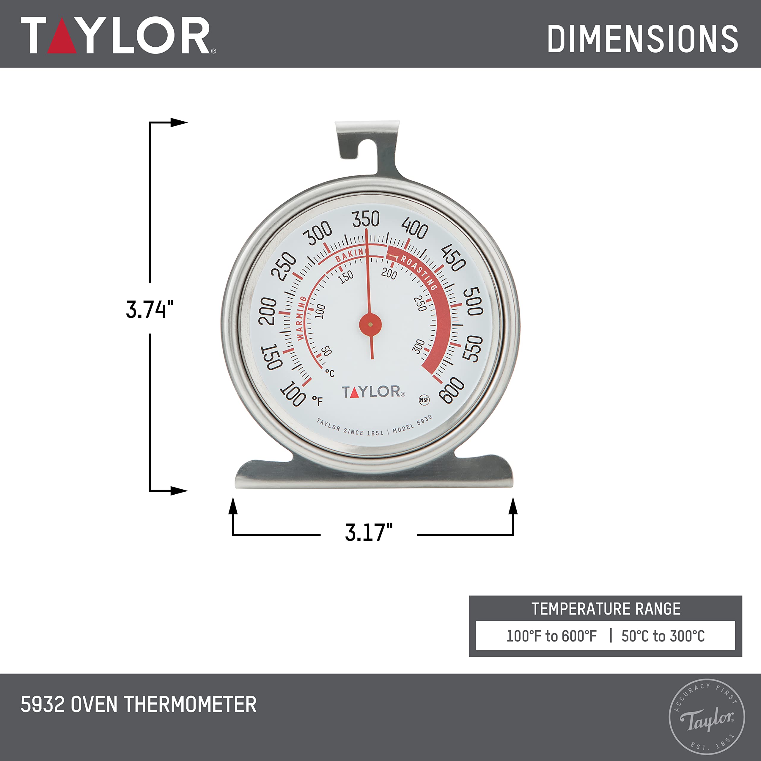 Taylor Precision Products 5924 Large Dial Kitchen Refrigerator and Freezer Kitchen Thermometer, 3 Inch Dial,Silver & 5932 Large Dial Kitchen Cooking Oven Thermometer, 3.25 Inch Dial, Stainless Steel