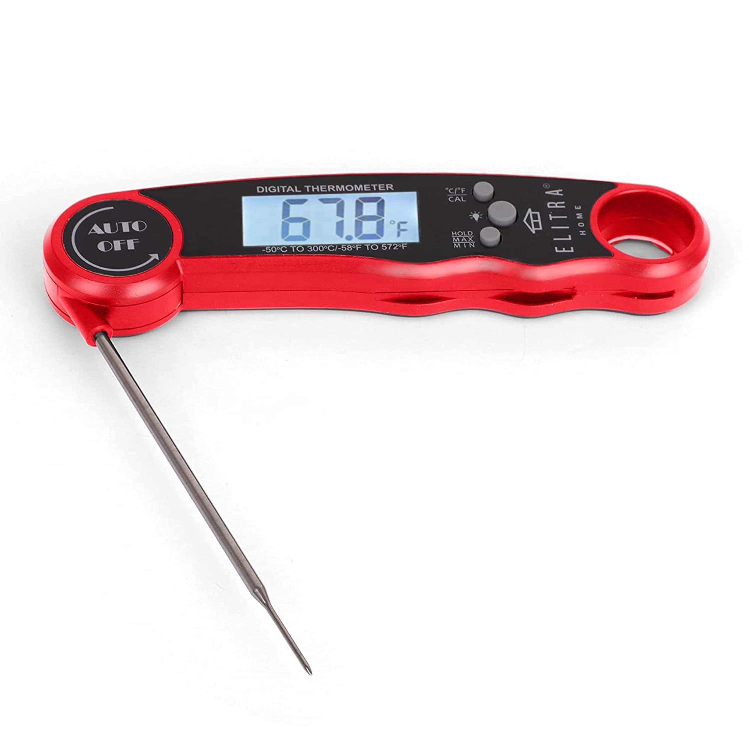 Waterproof Instant Digital Meat Thermometer Super Fast Precise for Cooking Folding Probe with Backlight - by ELITRA HOME (Red)