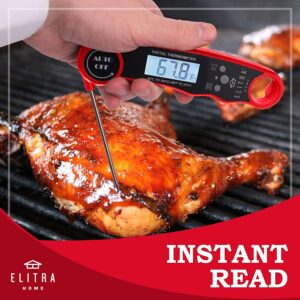 Waterproof Instant Digital Meat Thermometer Super Fast Precise for Cooking Folding Probe with Backlight - by ELITRA HOME (Red)