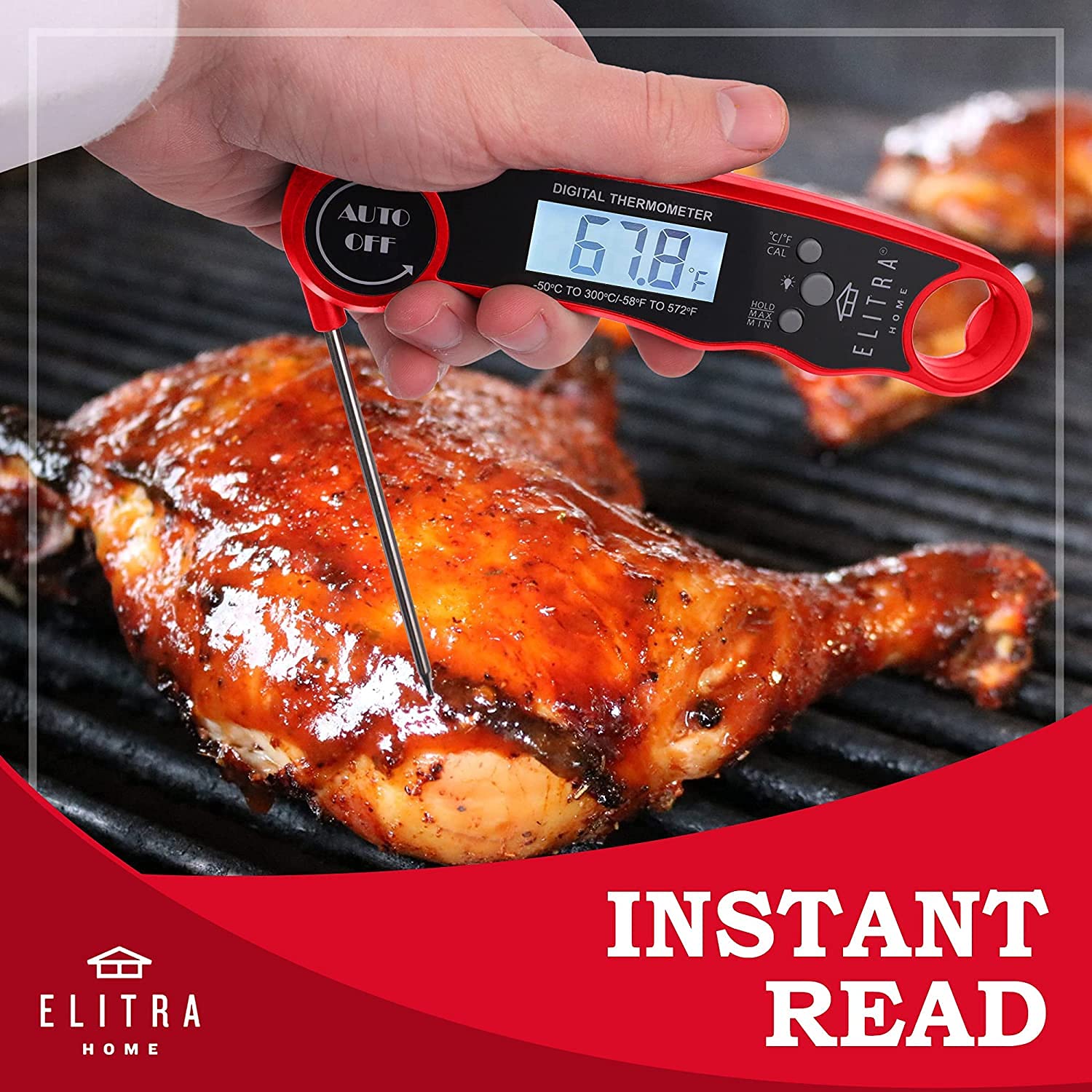 Waterproof Instant Digital Meat Thermometer Super Fast Precise for Cooking Folding Probe with Backlight - by ELITRA HOME (Red)