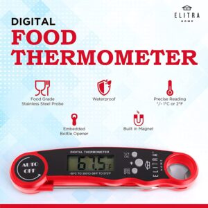 Waterproof Instant Digital Meat Thermometer Super Fast Precise for Cooking Folding Probe with Backlight - by ELITRA HOME (Red)