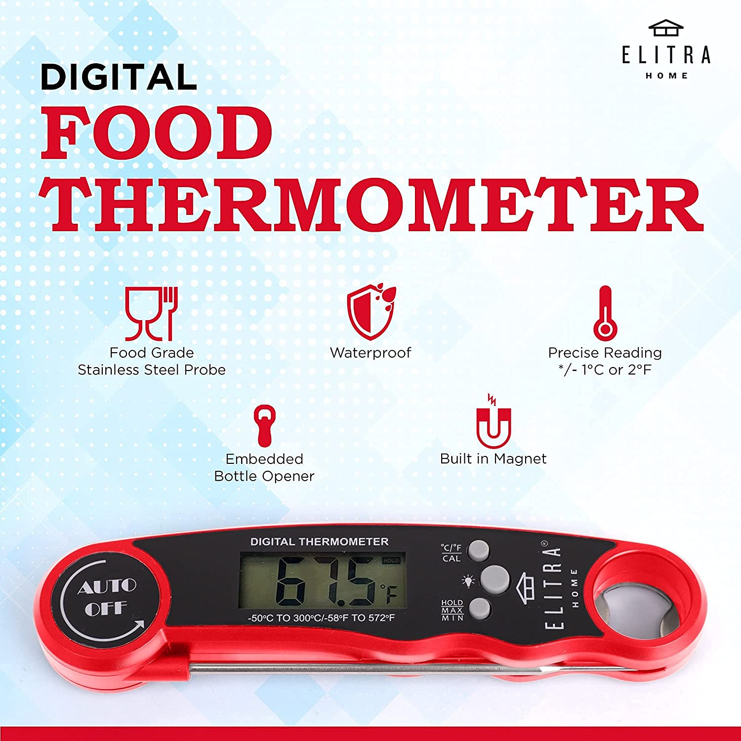 Waterproof Instant Digital Meat Thermometer Super Fast Precise for Cooking Folding Probe with Backlight - by ELITRA HOME (Red)