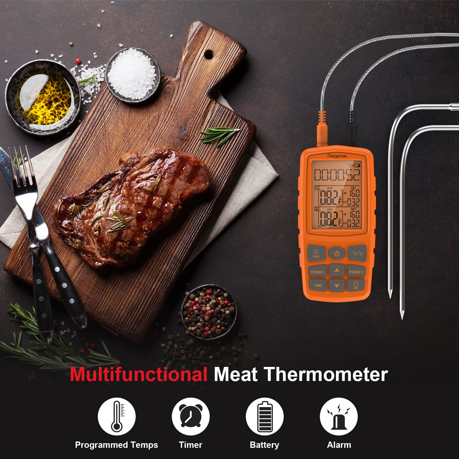 Regetek Meat Thermometer Cooking Food Smoker Oven Kitchen BBQ Grill Thermometer(High Low Temp Alert) Dual Probe Digital Backlight Cooking Thermometer for Turkey Fish Beef RA60