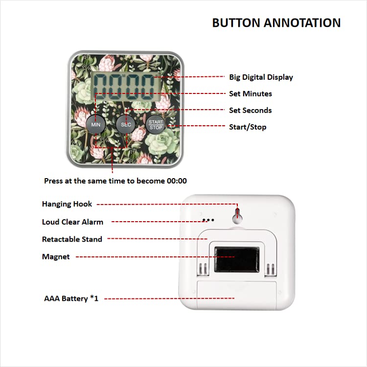 Multi-Function Electronic Timer, Classroom Learning Management Kitchen Magnetic Digital Timer (Cute Cactus Flower)