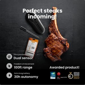 MASTRAD - Meat°it + - 100% Wireless Smart Meat Thermometer with Bluetooth Booster - Oven, BBQ, Grill, Smoker, Kitchen, Rotisserie