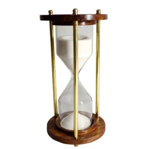 sohrab nauticals wooden brass hourglass 10 minute sand timer sandglass clock timer with sparkling white sand for home, kitchen and office table desk | size- 6 inch