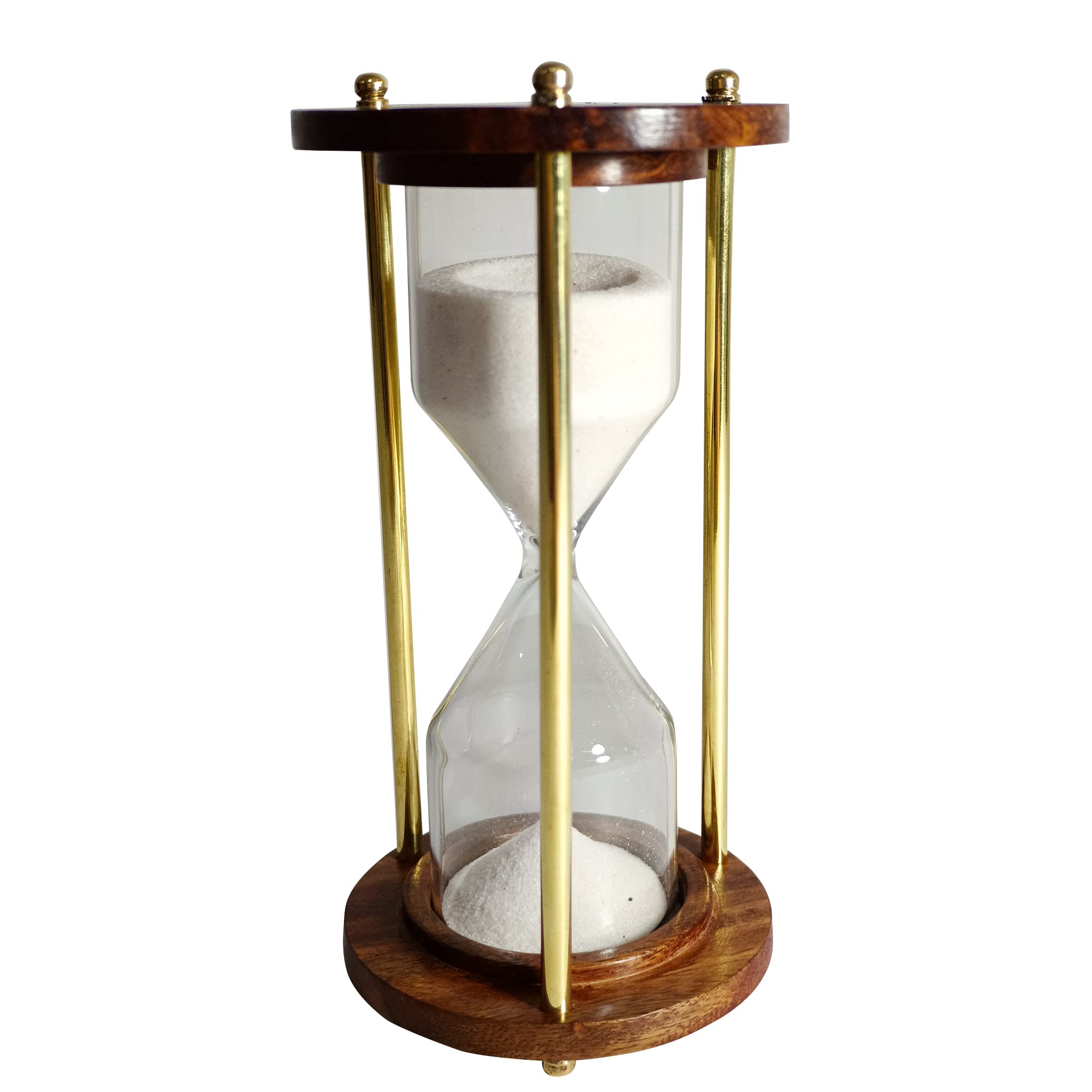 Sohrab Nauticals Wooden Brass Hourglass 10 Minute Sand Timer Sandglass Clock Timer with Sparkling White Sand for Home, Kitchen and Office Table Desk | Size- 6 inch