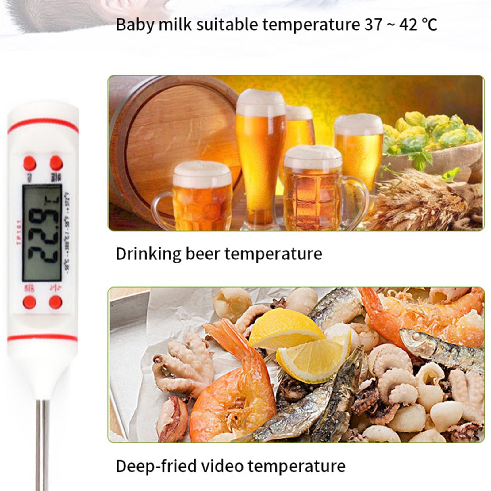 Smalibal Digital Meat Thermometer, Waterproof Instant Read Thermometer, LCD Display Stainless Steel Probe for Cooking Food, Baking, Liquids, Candy, Grilling BBQ White