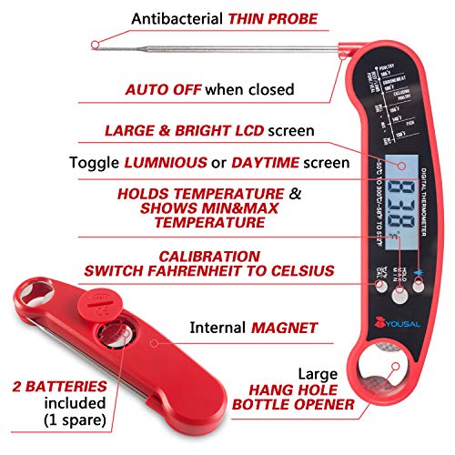 YOUSAL Instant Digital Food and Meat Thermometer for Grill, Oven, Baking and Candy - Waterproof - Ultra Fast Reading - Large Backlit LCD Display & Calibration- Stainless Steel Probe - Outdoor Cooking