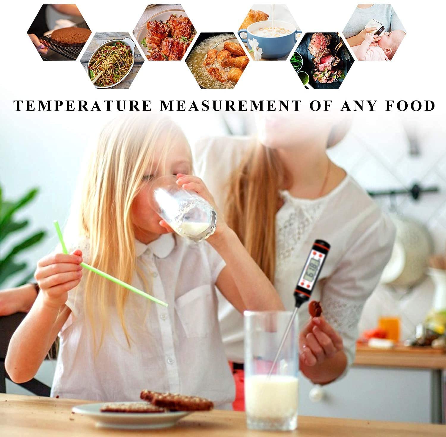 Elly Digital Kitchen Thermometer, Digital Meat Thermometer with LCD Display, Stainless Steel Skewer for Food, Long for Milk, Roast Meat, BBQ