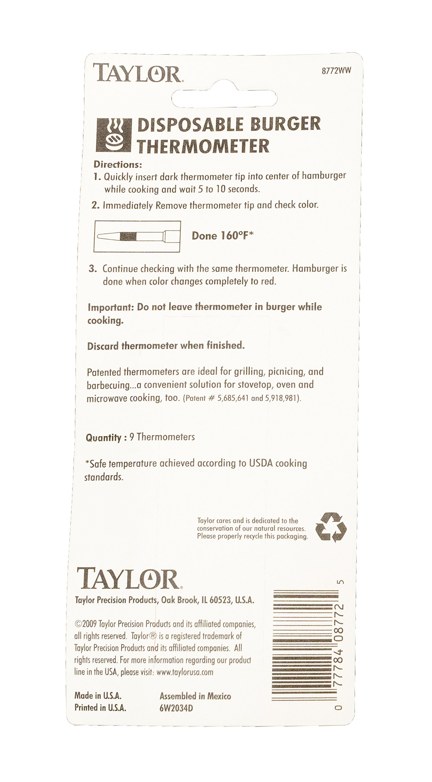 TAYLOR PRECISION PRODUCTS Disposable Hamburg Thermometer