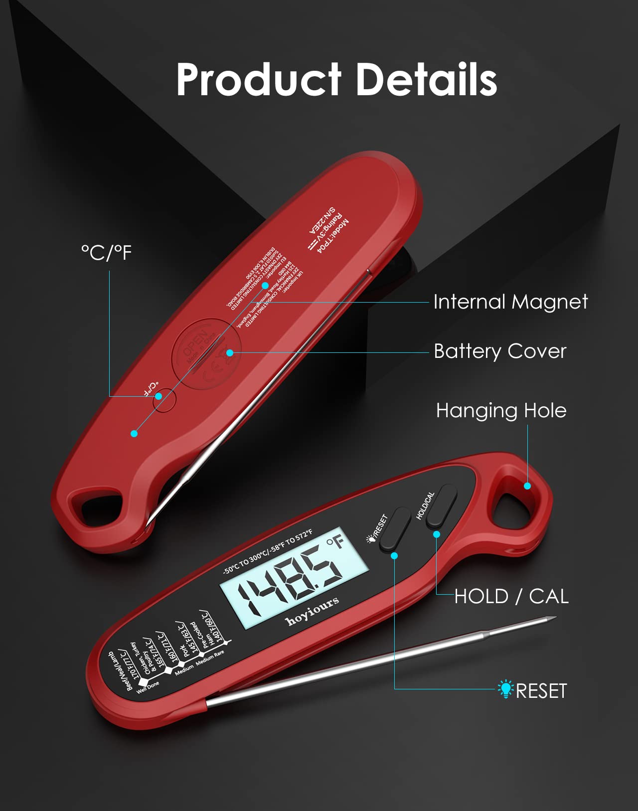 hoyiours Digital Meat Thermometer, Waterproof Instant Read Food Thermometer for Cooking with Foldable Probe, Backlight and Magnet, Kitchen Thermometer for BBQ, Roast Turkey, Grill, Baking