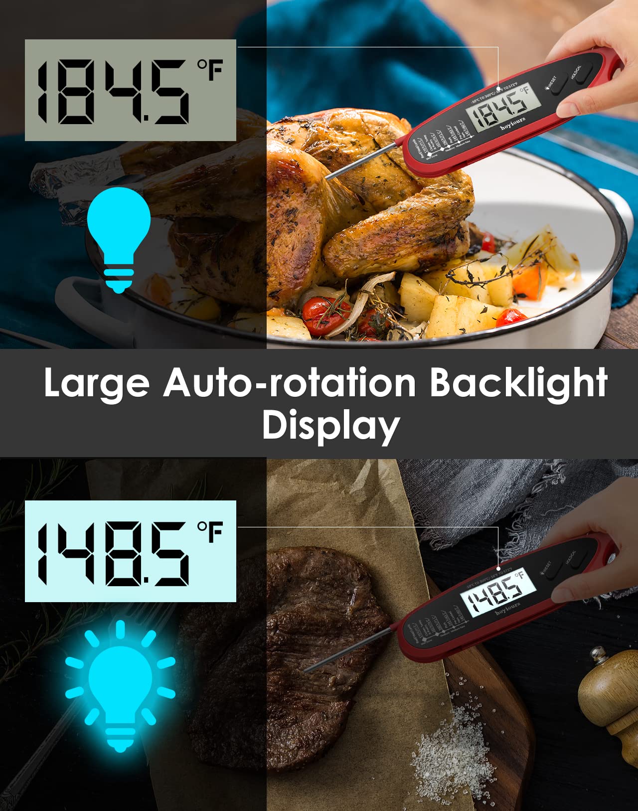 hoyiours Digital Meat Thermometer, Waterproof Instant Read Food Thermometer for Cooking with Foldable Probe, Backlight and Magnet, Kitchen Thermometer for BBQ, Roast Turkey, Grill, Baking