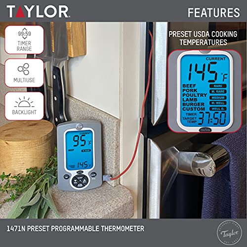 Taylor Instant Read Wired Probe Digital Meat Food Grill BBQ Cooking Kitchen Thermometer White