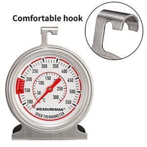 MEASUREMAN Oven Thermometer 70mm Dial Size, Heavy Duty 304 Stainless Steel Case and Fringe, with Hook, 100-550F/C, 2.5% Accuracy, Blow-Out at Back