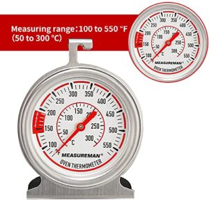 MEASUREMAN Oven Thermometer 70mm Dial Size, Heavy Duty 304 Stainless Steel Case and Fringe, with Hook, 100-550F/C, 2.5% Accuracy, Blow-Out at Back
