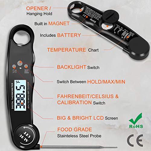 Meat Thermometer, Instant Read Food Thermometer with Backlight & Calibration Function, IP67 Waterproof Fast Digital Cooking Thermometer for Candy Beef BBQ Grilling Baking (Dark Black)