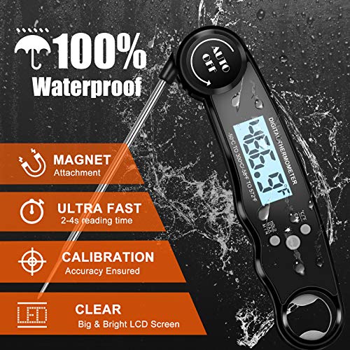 Meat Thermometer, Instant Read Food Thermometer with Backlight & Calibration Function, IP67 Waterproof Fast Digital Cooking Thermometer for Candy Beef BBQ Grilling Baking (Dark Black)