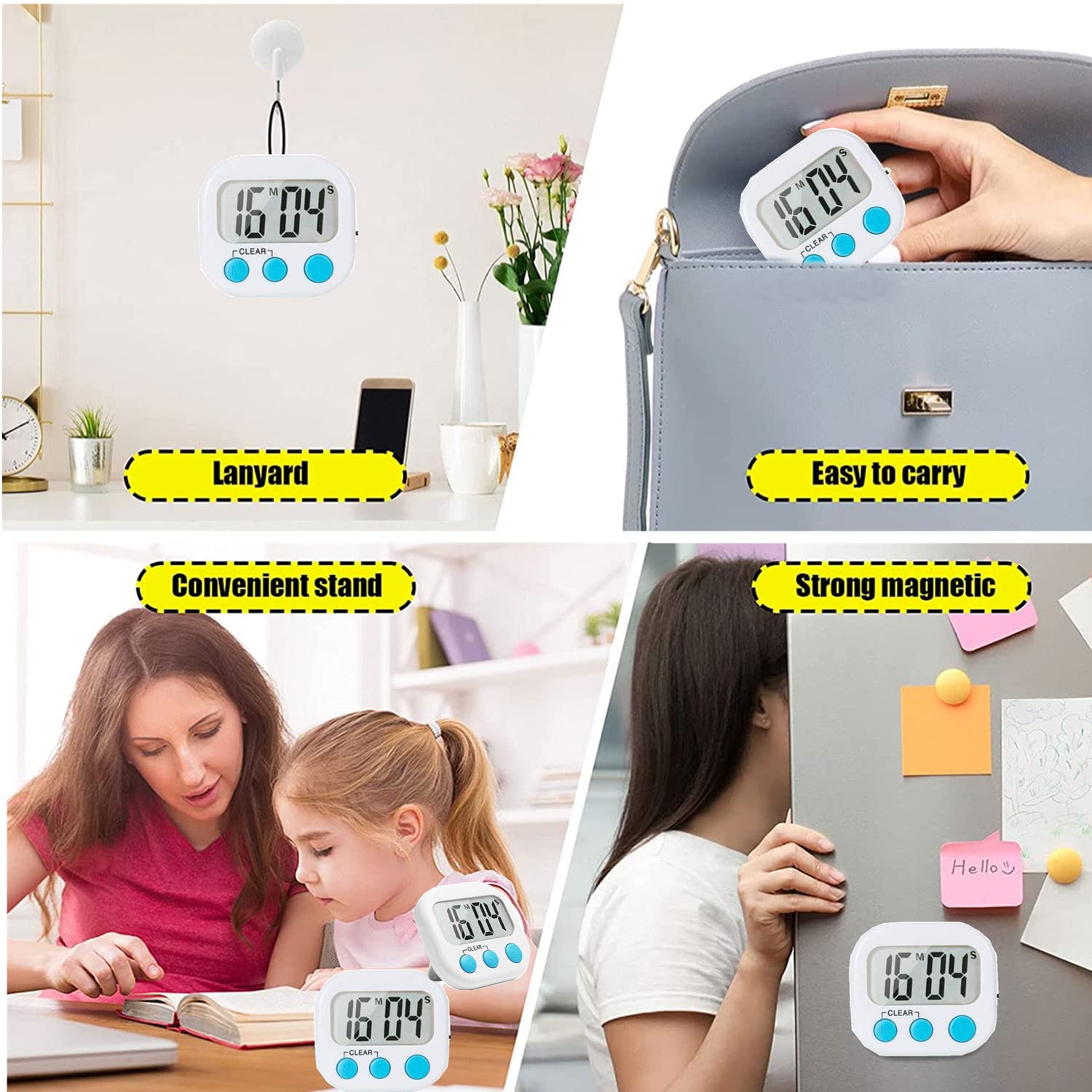 4 Pack Small Digital Kitchen Timer, ON/Off Switch, Large Display Loudspeaker, Magnetic Stand, Digital Stopwatch Timer, Learning, Teacher, Oven, Baking, Cooking, Desk