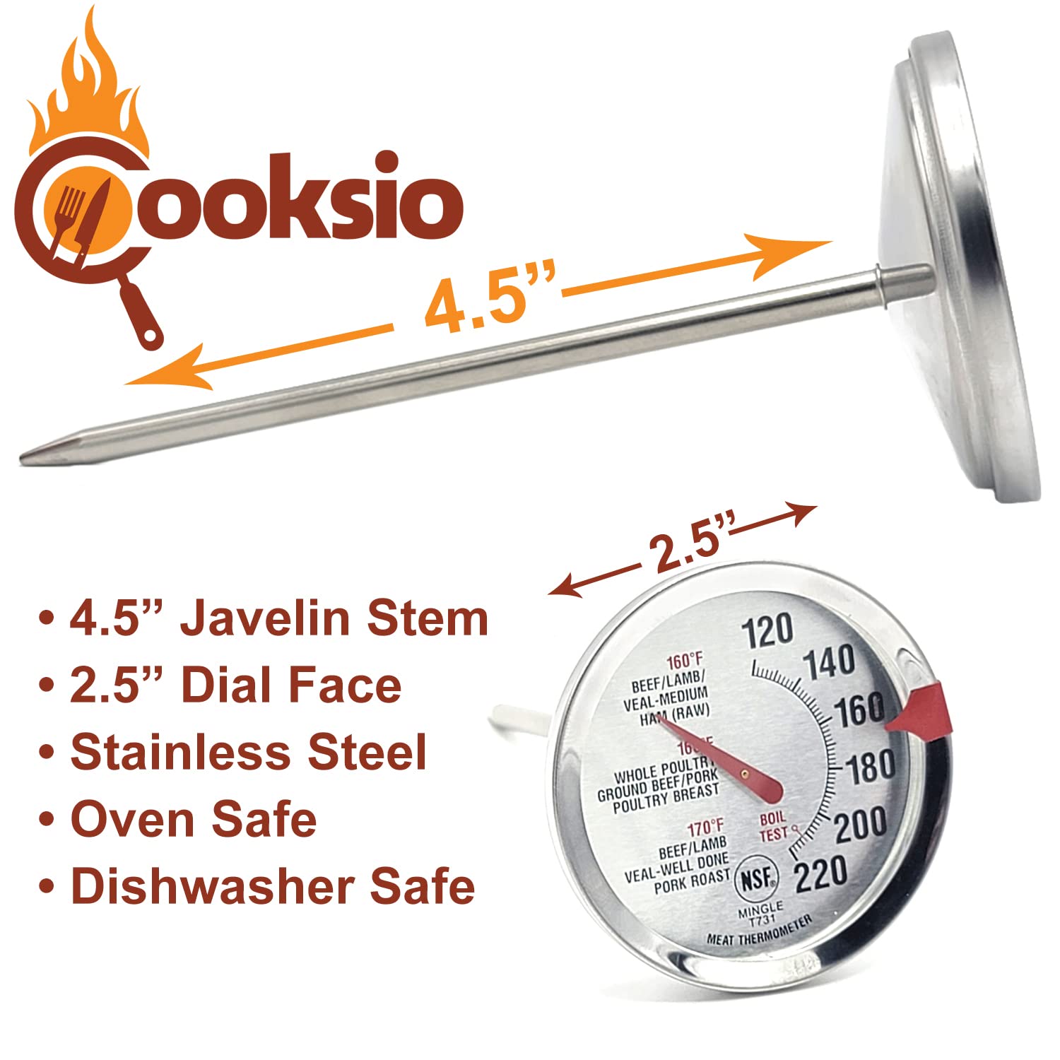 Cooksio 2.5 inch Analog Dial Oven Safe Meat Thermometer -Leave in Meat Thermometer for Oven - Deep Fry Thermometer for Meat, Chicken, Turkey, Deep Frying, Oil & Candle Making - Oven, & Dishwasher Safe