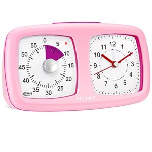 secura 2 in 1 visual timer/alarm clock, 60-minute silent study timer & table clock, time management countdown tool for kids, adults, and teachers (pink)