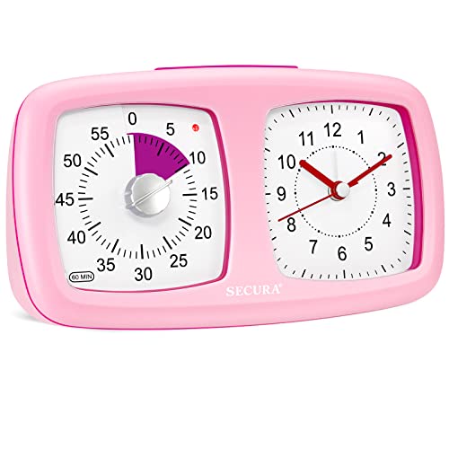 Secura 2 in 1 Visual Timer/Alarm Clock, 60-Minute Silent Study Timer & Table Clock, Time Management Countdown Tool for Kids, Adults, and Teachers (Pink)