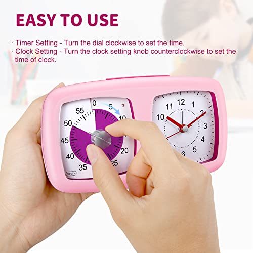 Secura 2 in 1 Visual Timer/Alarm Clock, 60-Minute Silent Study Timer & Table Clock, Time Management Countdown Tool for Kids, Adults, and Teachers (Pink)