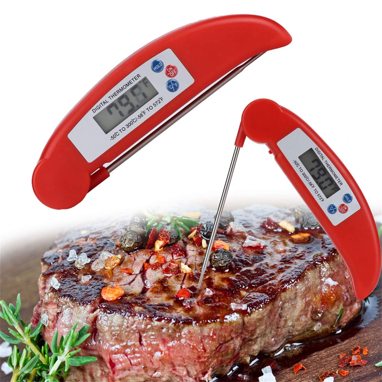 Digital Meat Thermometer, Portable Folding Food Thermometer, LCD Digital Instant Read Food Thermometer for Kitchen, Cooking, BBQ (Red)