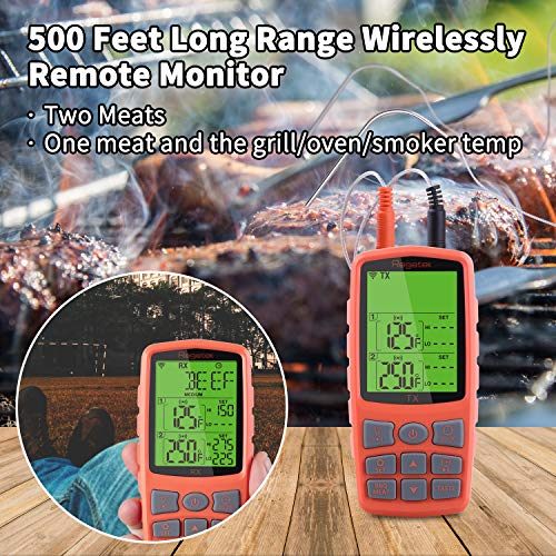 [Upgraded] Regetek Wireless Grill Thermometer BBQ Oven Smoker Thermometer, Remote Digital LCD Cooking Food Meat Thermometer for Stove Kitchen Dual Probe/Clock Timer Alarm/Backlight (500 Feet)