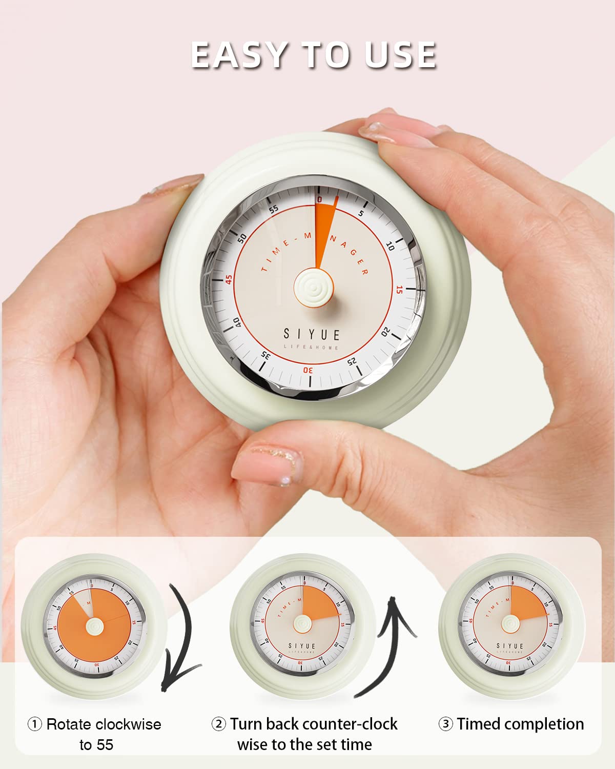 Tiergrade Kitchen Timer, Reminder Timer 360 Degree Rotating Mechanical Timer, Visual Timer Back Countdown Kitchen Timer Fridge Magnetic for Cooking, Learning (Beige)