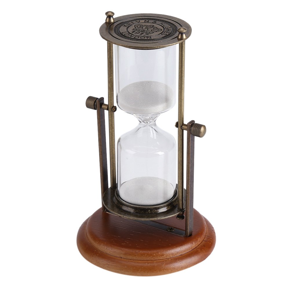 15 Minutes Hourglass Metal Glass Rotating Sand Timer with Wooden Base for Gifts Toy Home Office Desktop Decor