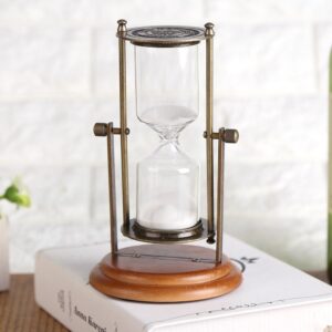 15 Minutes Hourglass Metal Glass Rotating Sand Timer with Wooden Base for Gifts Toy Home Office Desktop Decor