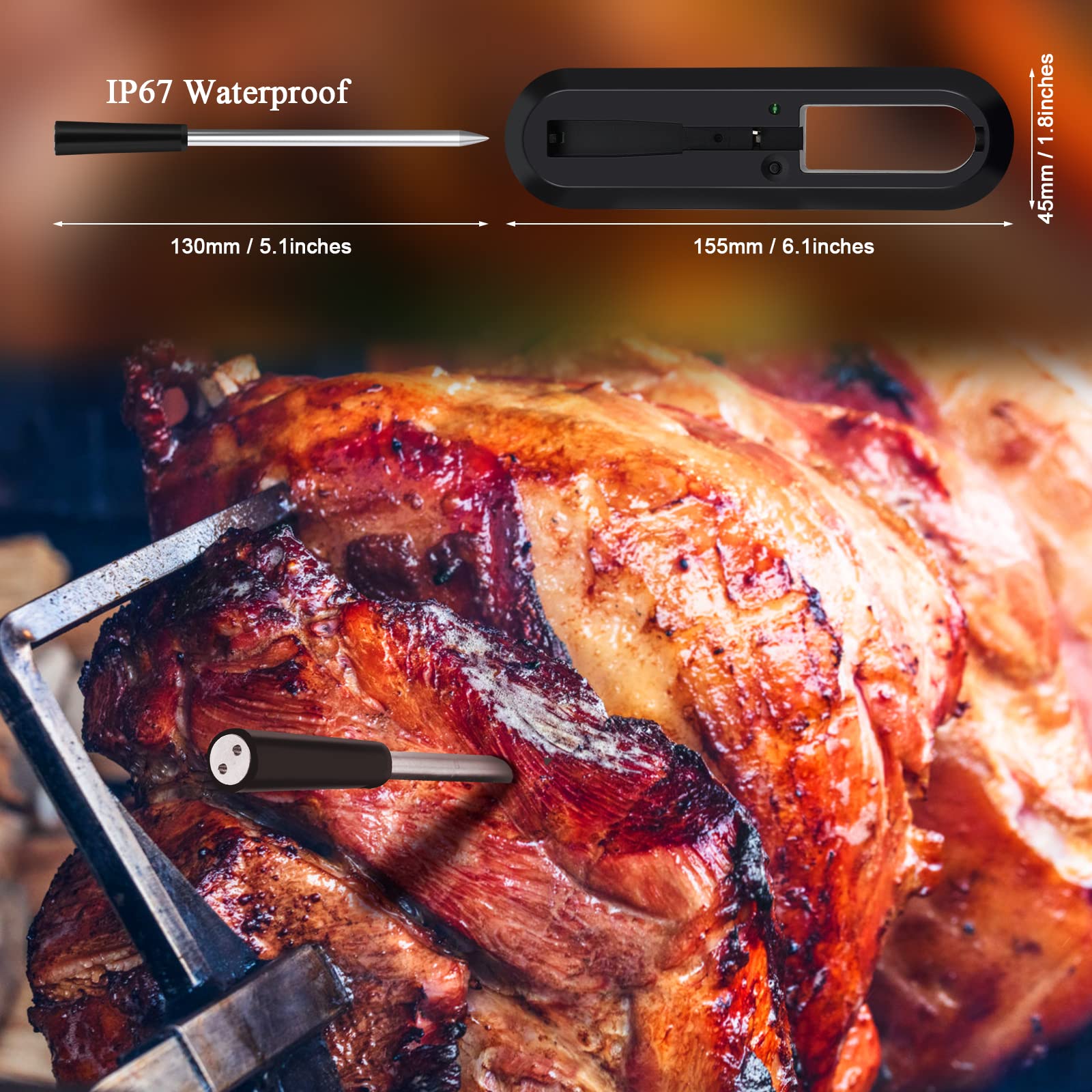 Smart Meat Thermometer with Bluetooth | 165ft Wireless Range for Oven, Grill, Kitchen, BBQ, Smoker, Rotisserie