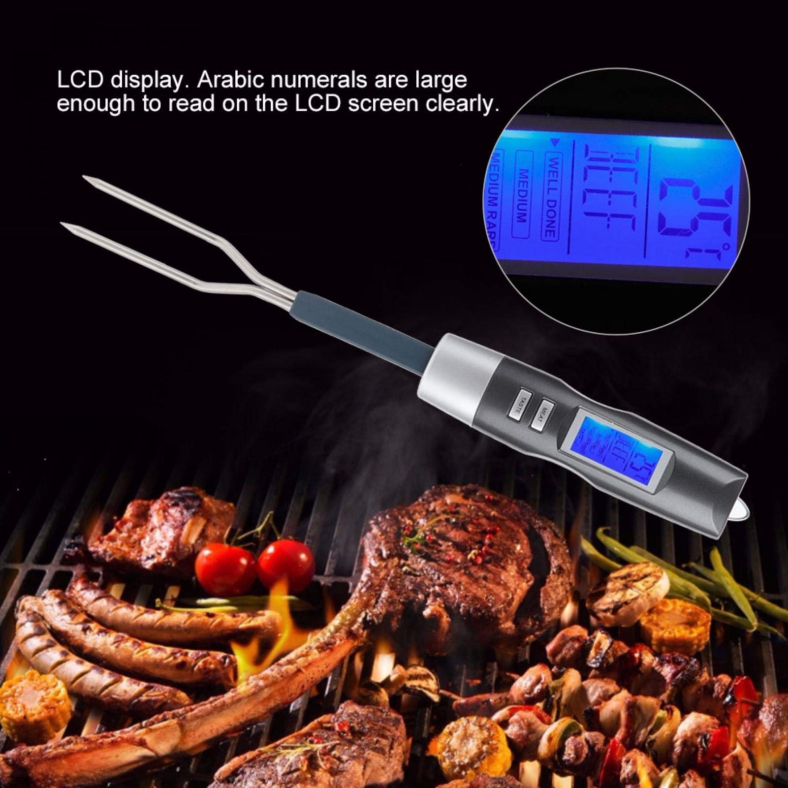 Digital Meat Thermometer Fork, Cooking Instant Read Temperature Fork with LCD Display Sound Alarm Grilled Food Probe Gadgets Wireless for Outside Candy Oven BBQ Grill Liquids Beef Steak Pork Chicken