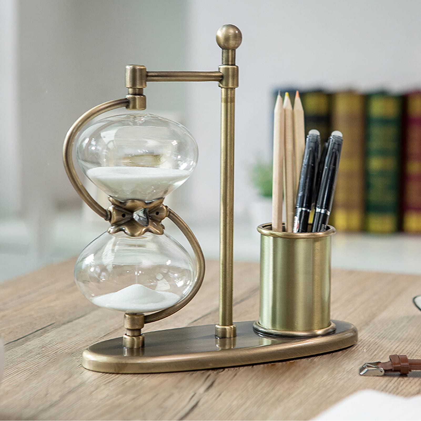 Vintage Hourglass Sand Timer,Metal Visual Timer Sandglass Clock with Pen Holder,Hour Glasses with Sand 60 Minutes for Office Desk Decor,Creative Gift