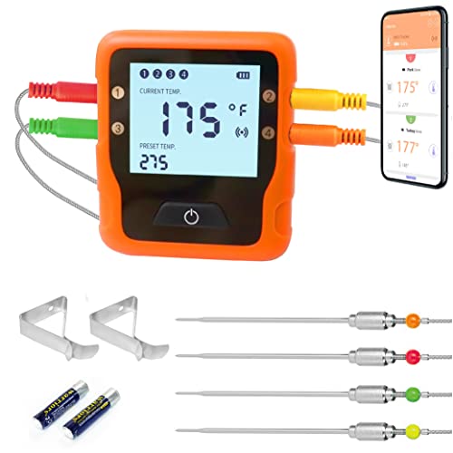 KT THERMO Bluetooth Meat Thermometer Wireless Meat Thermometer with 4 Color Probes, Smart Bluetooth Grill Thermometer with Real 328 Ft Remote,11 USDA temperature settings for Grilling BBQ Oven Cooking