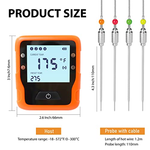 KT THERMO Bluetooth Meat Thermometer Wireless Meat Thermometer with 4 Color Probes, Smart Bluetooth Grill Thermometer with Real 328 Ft Remote,11 USDA temperature settings for Grilling BBQ Oven Cooking