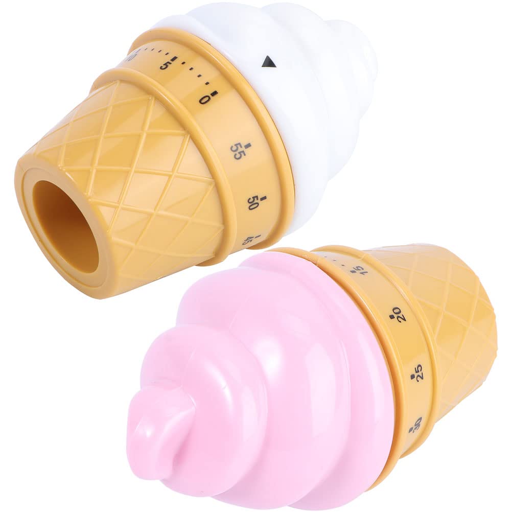 LUOZZY 2Pcs Cartoon Timer Plastic Mechanical Timer 60 Minutes Ice Cream Timer Countdown Clock Supply - Pink + White