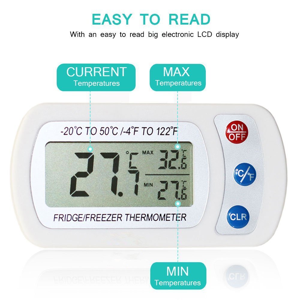 ZEZHOU Digital Refrigerator Thermometer 2Pack - IPX3 Waterproof Wireless Freezer Room Temperature Monitor with Hook, Large LCD Easy to Read Display & Max/Min Record Function for Indoor/Outdoor