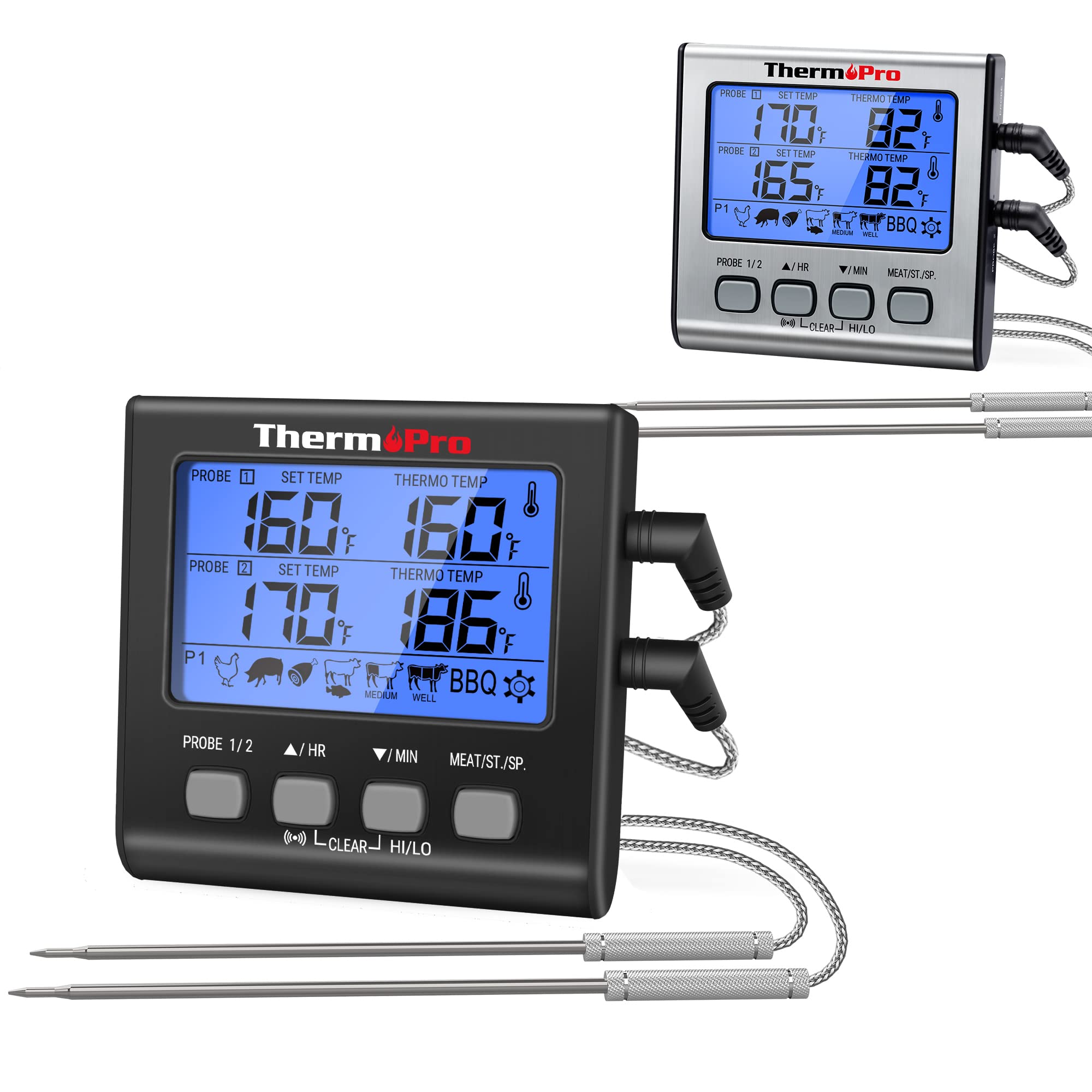 ThermoPro TP-17 Dual Probe Digital Cooking Meat Thermometer Large LCD Backlight Food Grill Thermometer Silver and Black