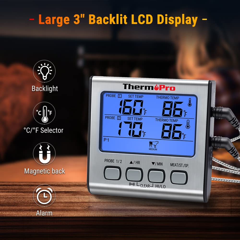 ThermoPro TP-17 Dual Probe Digital Cooking Meat Thermometer Large LCD Backlight Food Grill Thermometer Silver and Black