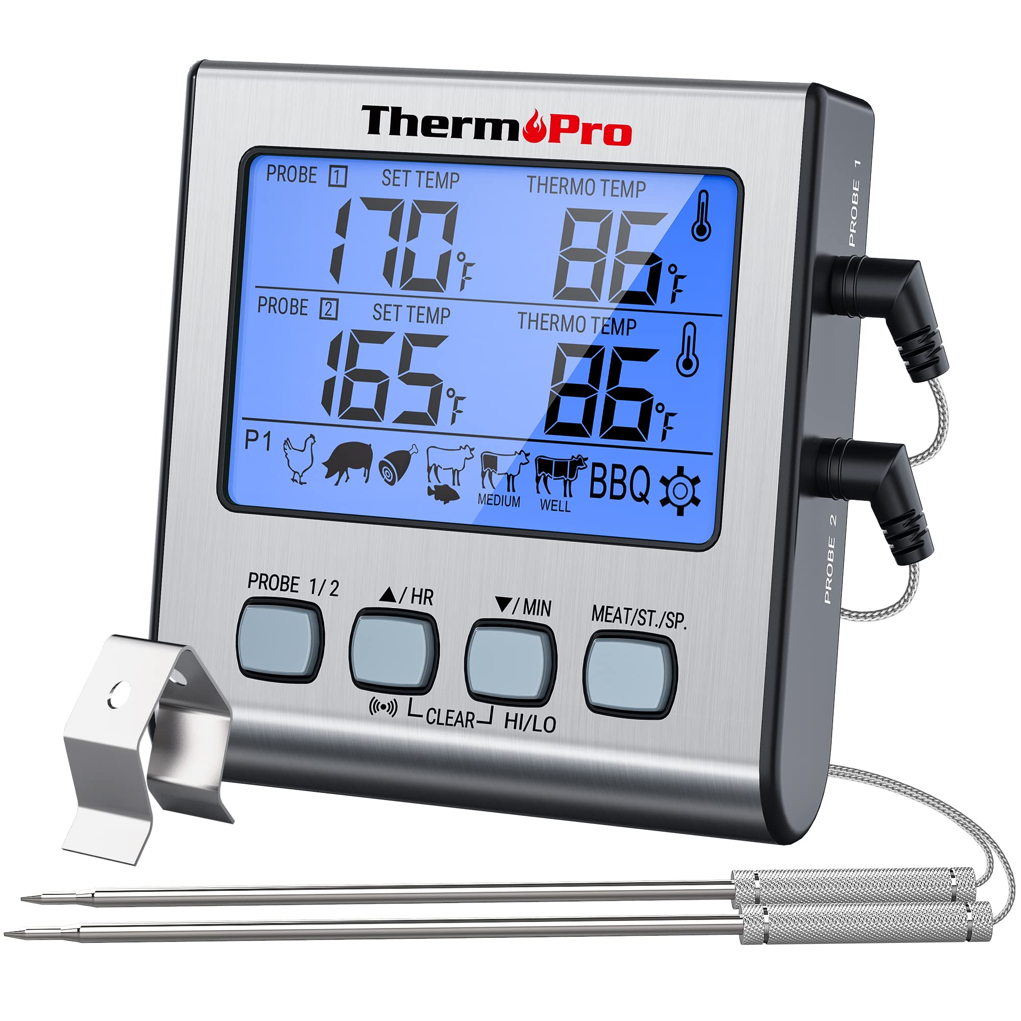 ThermoPro TP-17 Dual Probe Digital Cooking Meat Thermometer Large LCD Backlight Food Grill Thermometer Silver and Black