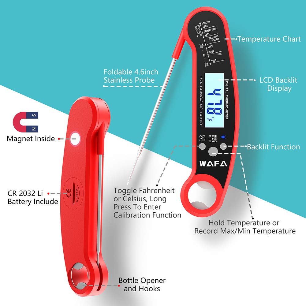 WAFA Instant Read Meat Thermometer, Waterproof Ultra Fast Cooking Thermometer with Bottle Opener Backlight and Calibration, Digital Food Thermometer for Kitchen, Outdoor Cooking, Grill and BBQ