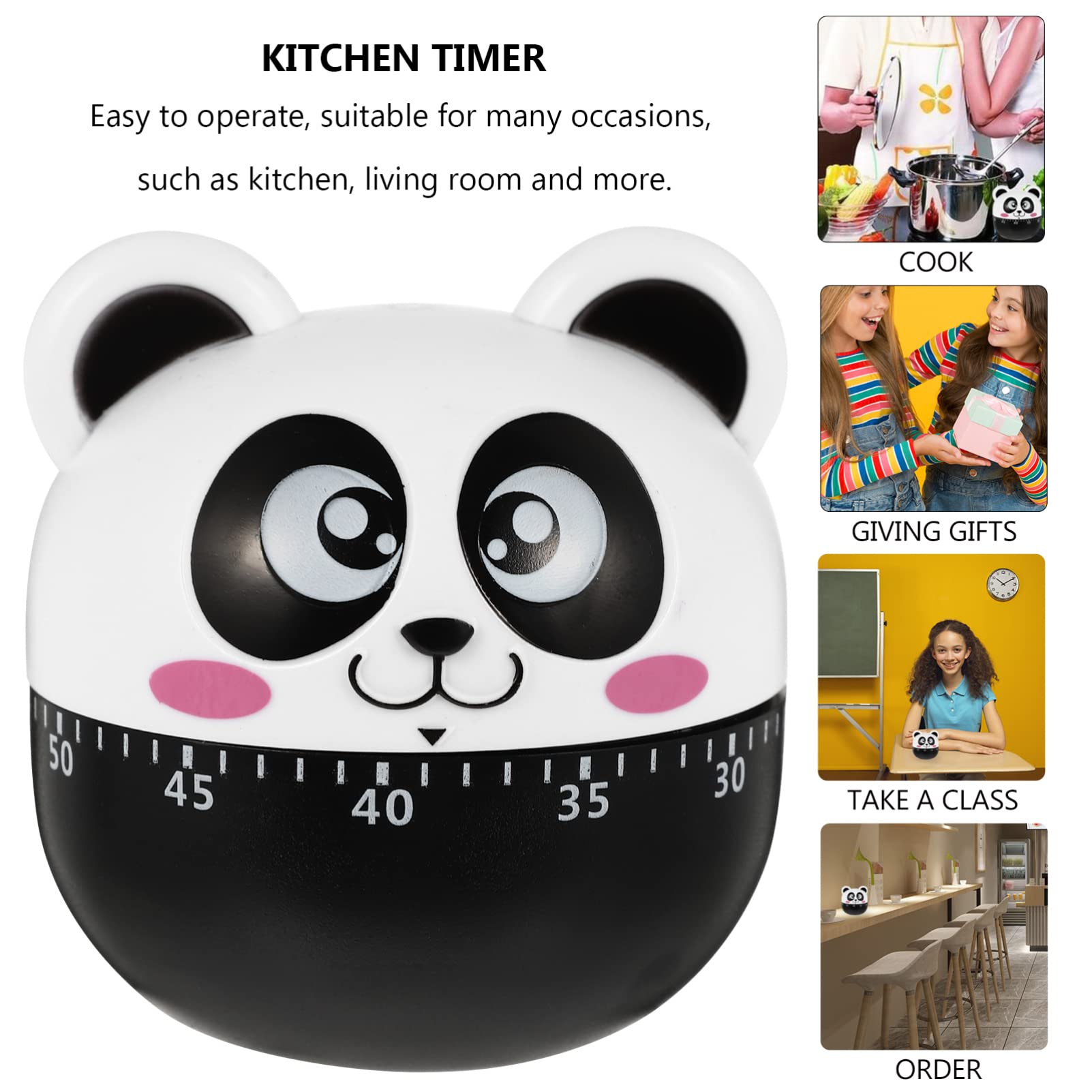 Panda Mechanical Kitchen Timer, Panda Mechanical Timer Cute Panda Timer for Kids, 60 Minutes Manual Countdown Timer Home, Study and Work Timer Reminder Cooking Animal Cooking Timer (Black)